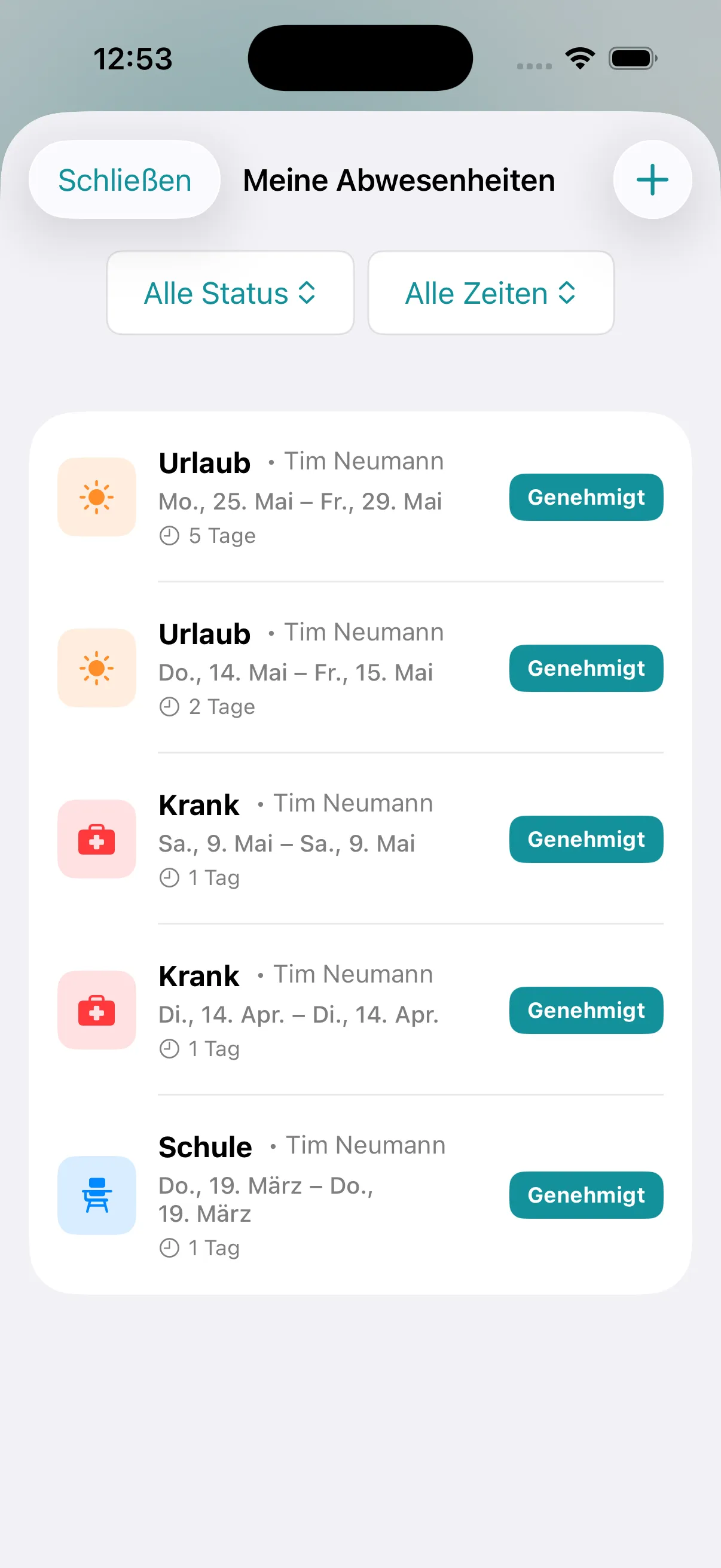 Abwesenheiten in der Taktera App mit genehmigten Urlaubs- und Krankmeldungen