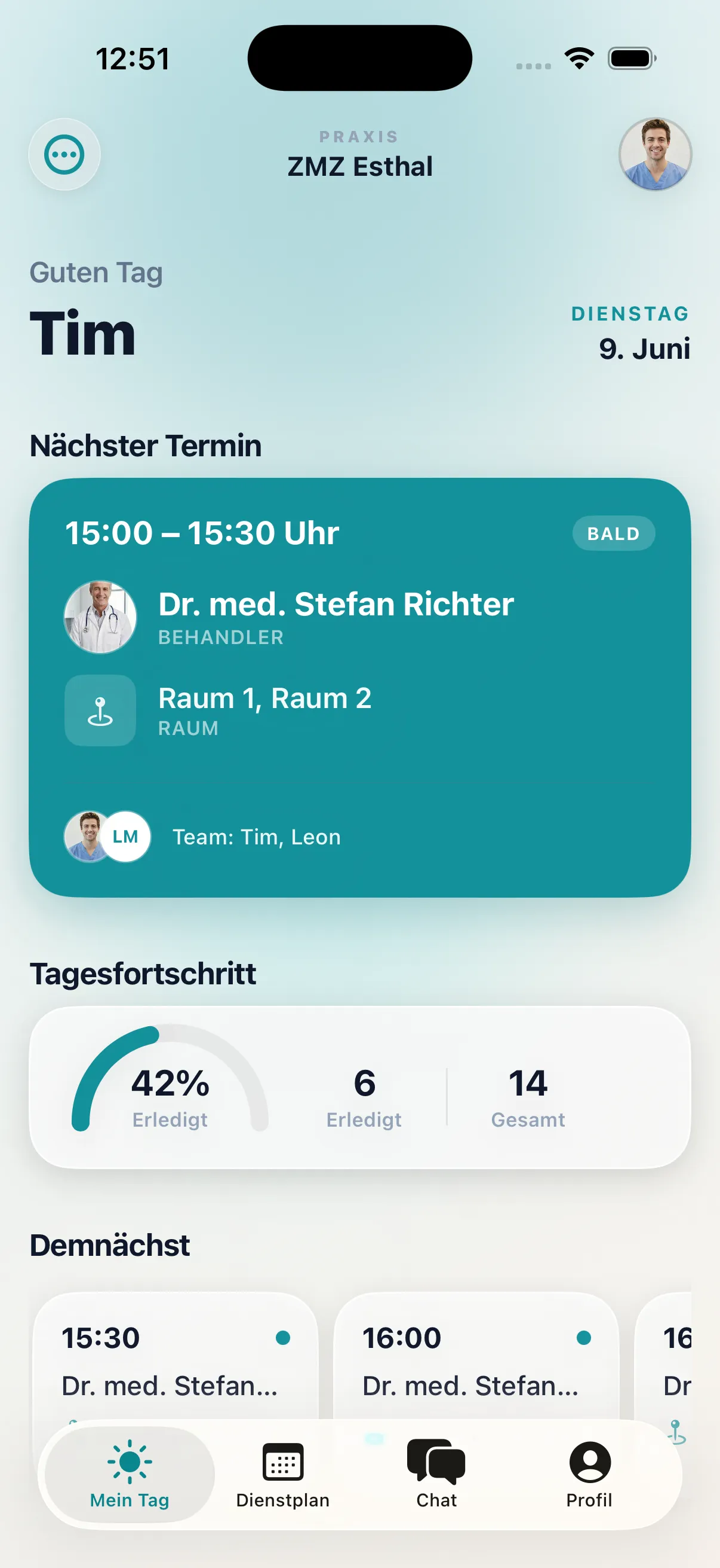 Startbildschirm der Taktera App mit nächstem Termin und Tagesfortschritt